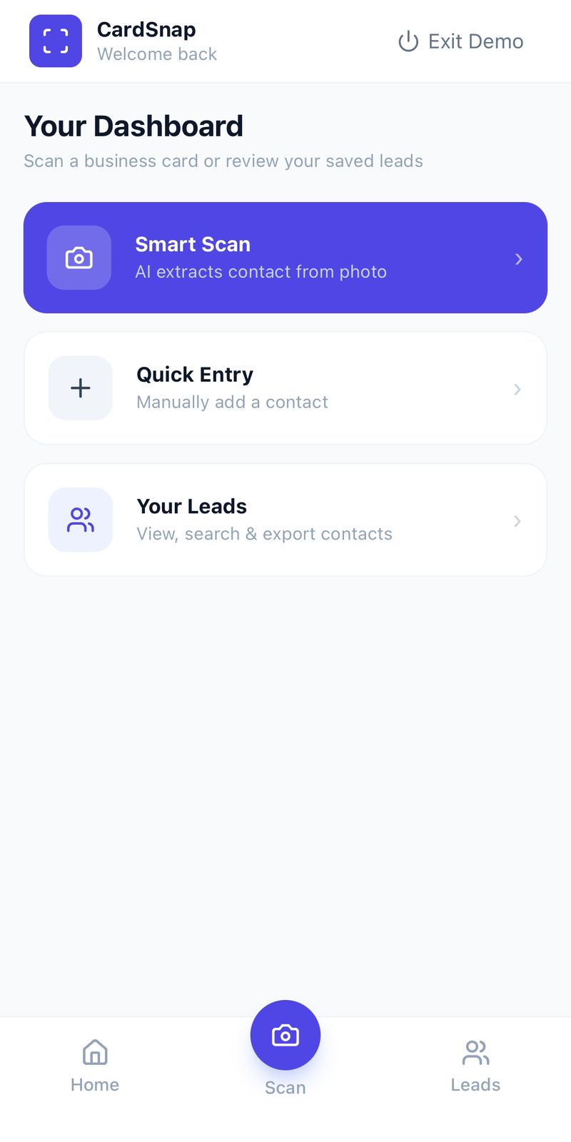 CardSnap visiting card scanner app dashboard showing scanned leads